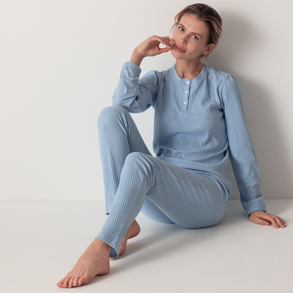Pigiama Serafino M/l+pant.lungo Donna Cotonella Azzurro DDE14_AC005