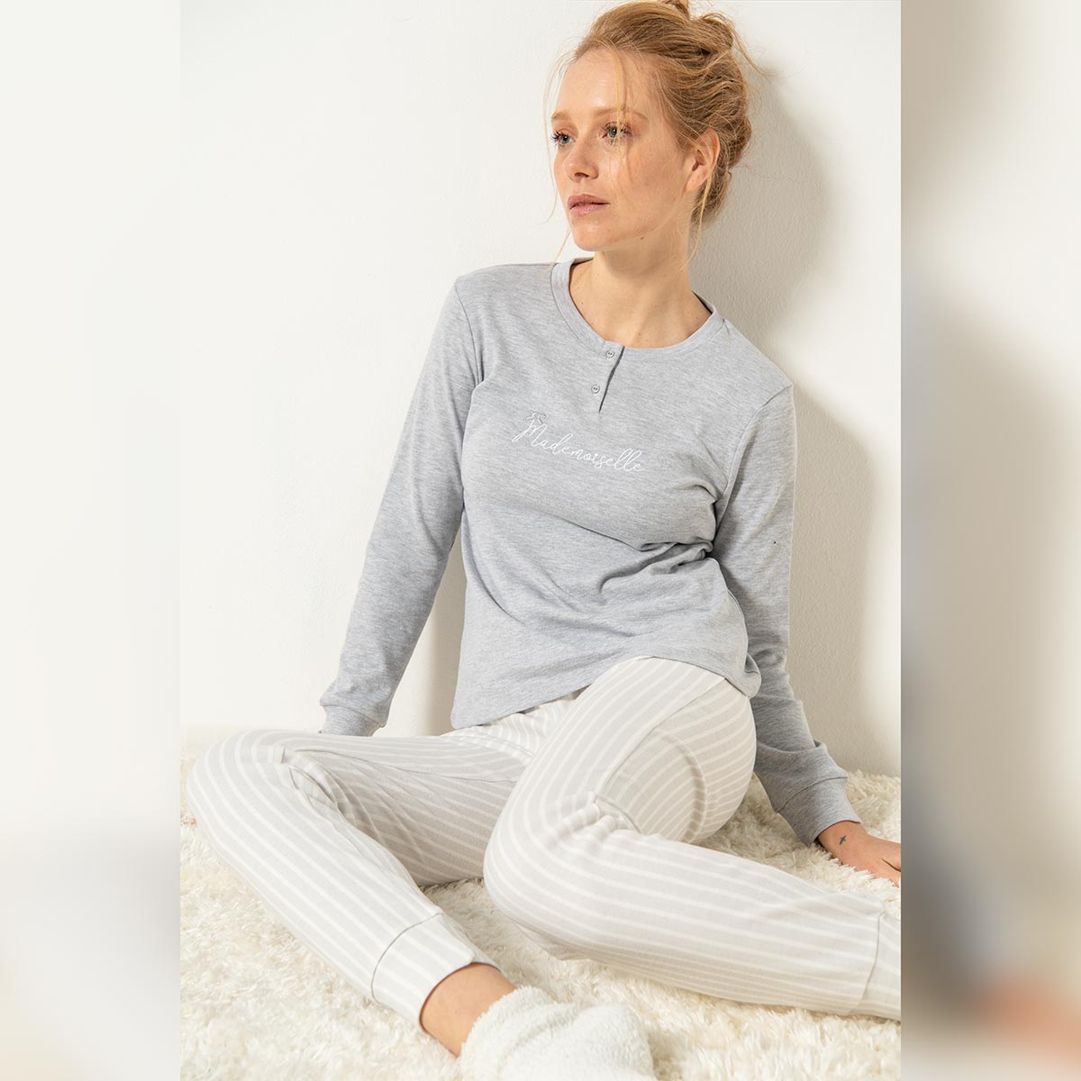 Pigiama Serafino Manica Lunga+pant.lungo Donna Cotonella Grigio Melange DDF45_00113