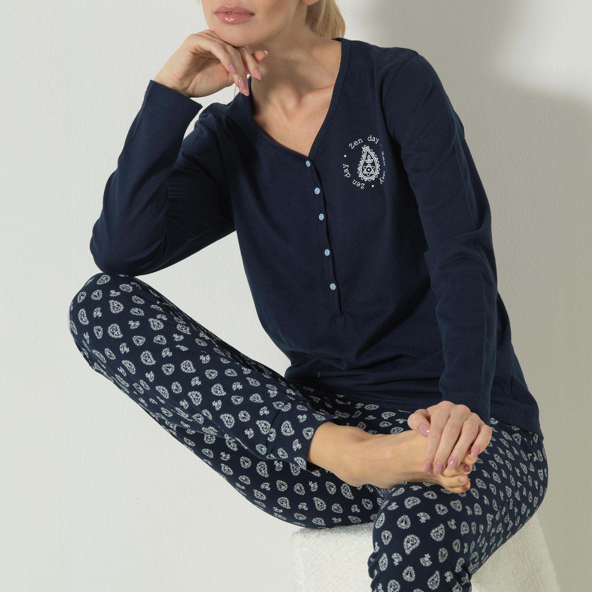 Pigiama Serafino Manica Lunga+pant.lungo Donna Cotonella Blu DDG03_0C014