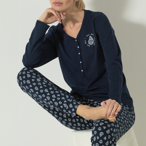 Pigiama Serafino Manica Lunga+pant.lungo Donna Cotonella Blu DDG03_0C014