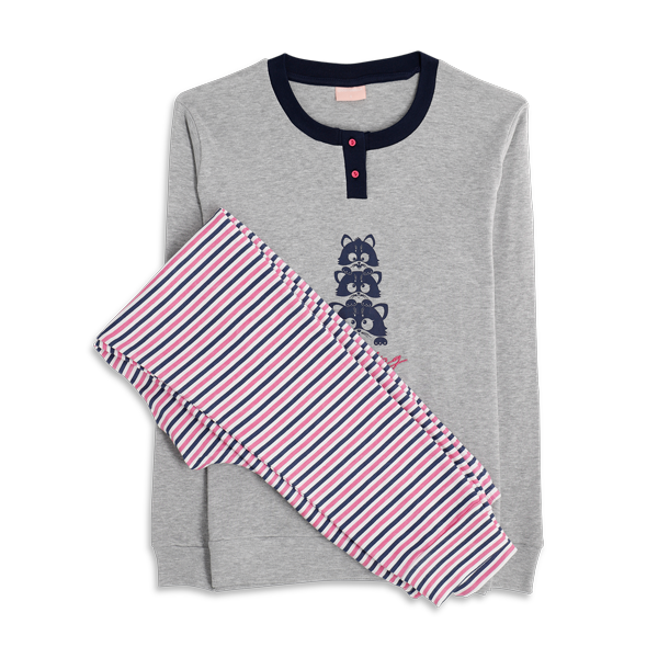 Pigiama Serafino Manica Lunga+pant.lungo Donna Cotonella Grigio Melange DDG14_00113
