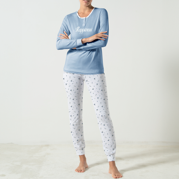 Pigiama Serafino Manica Lunga+pant.lungo Donna Cotonella Azzurro DDG23_00005