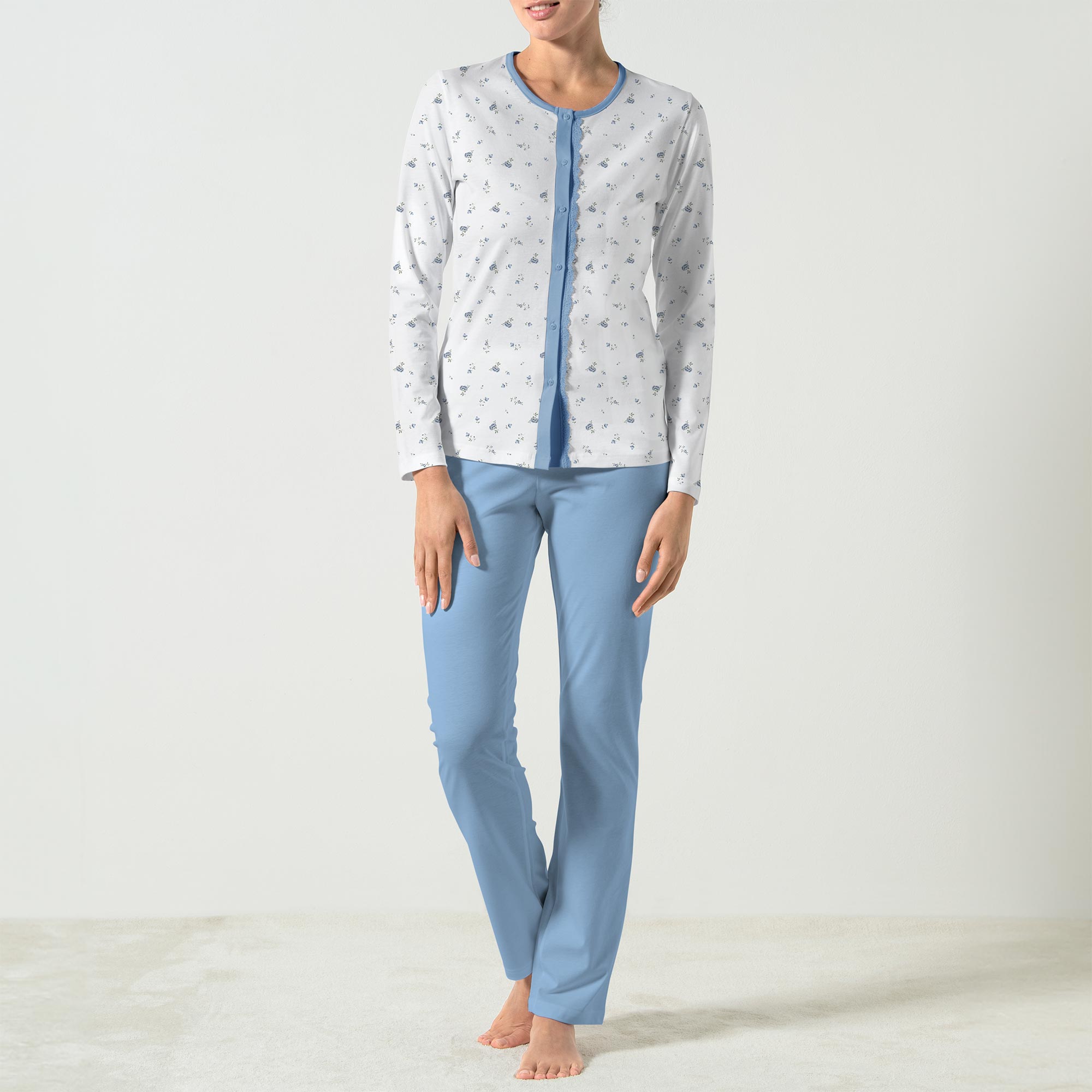 Pigiama Aperto Manica Lunga+pant.lungo Donna Cotonella Azzurro DDG24_00005