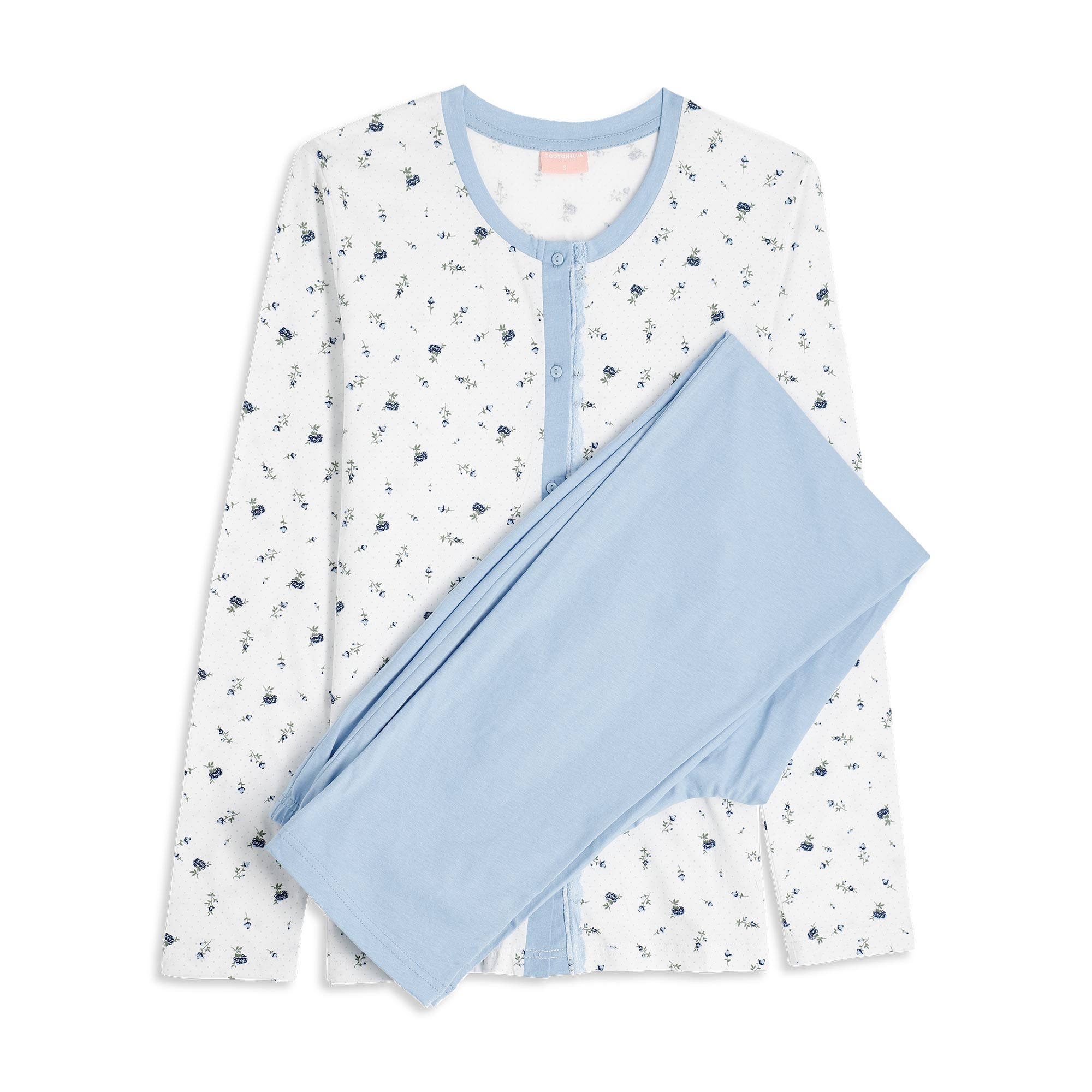 Pigiama Aperto Manica Lunga+pant.lungo Donna Cotonella Azzurro DDG24_00005_2
