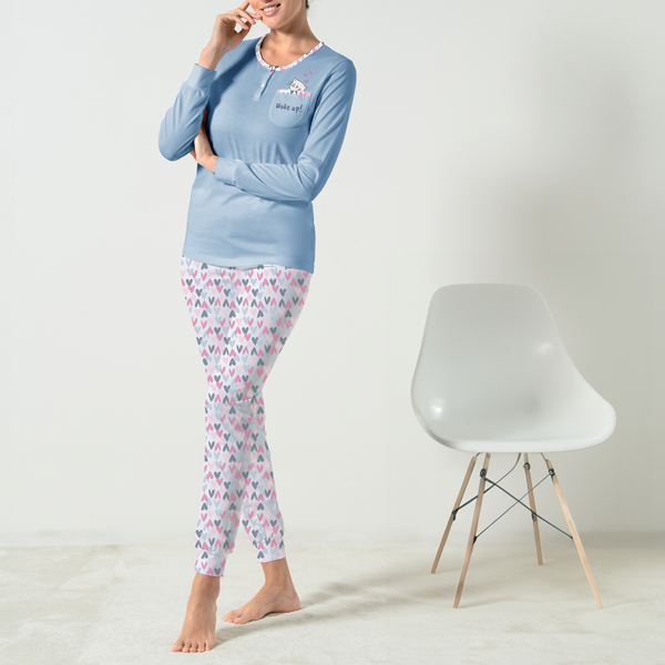 Pigiama Serafino Manica Lunga+pant.lungo Donna Cotonella Azzurro DDG27_00005