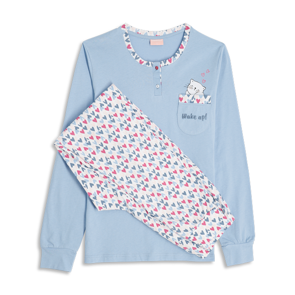 Pigiama Serafino Manica Lunga+pant.lungo Donna Cotonella Azzurro DDG27_00005_2