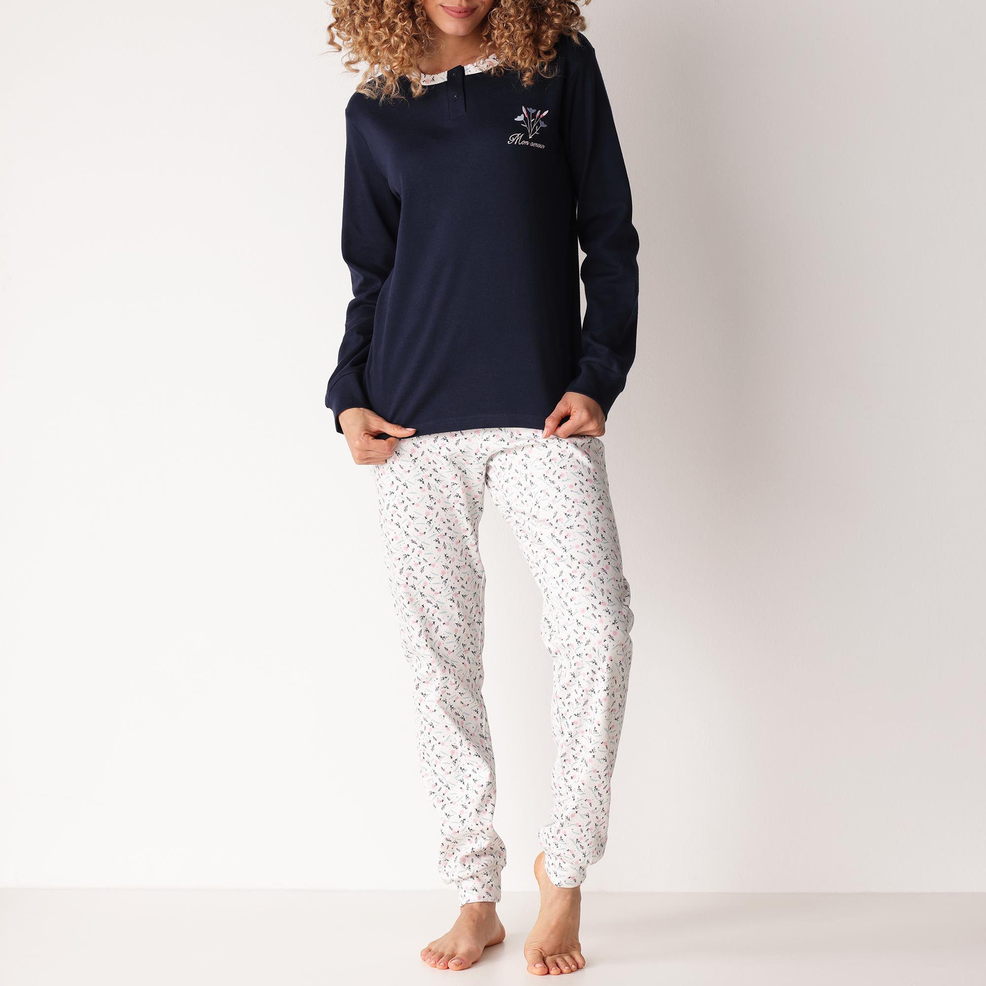 Pigiama Serafino Manica Lunga+pant.lungo Donna Cotonella Blu DDG39_00014