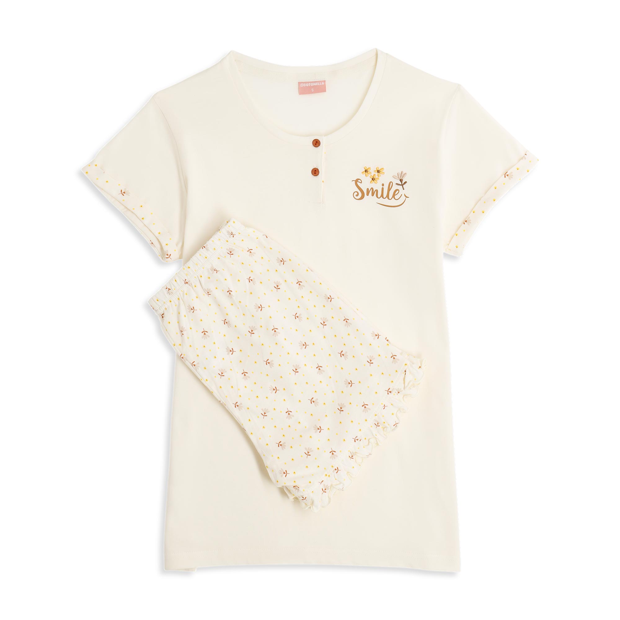 Pigiama Serafino Manica Corta+shorts Donna Cotonella Panna DDG44_00039_2