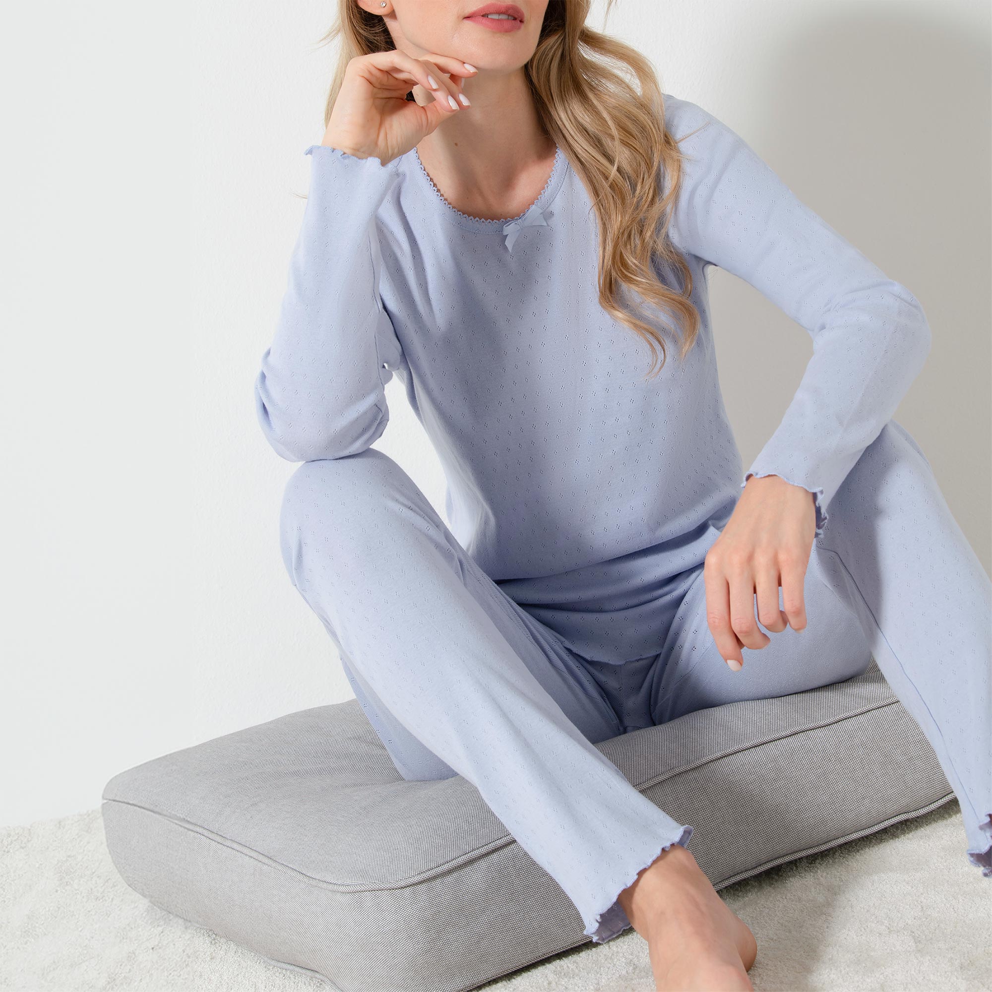 Pigiama Girocollo Manica Lunga+pan.lungo Donna Cotonella Azzurro Polvere DDG47_00063