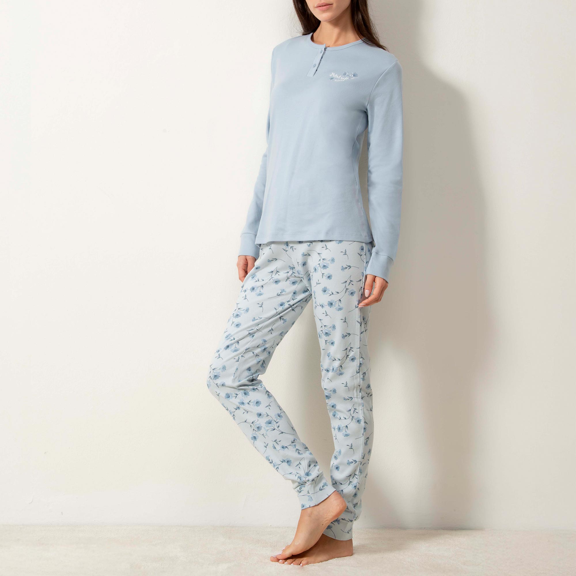 Pigiama Serafino Manica Lunga+pant.lungo Donna Cotonella Azzurro DDG69_00005