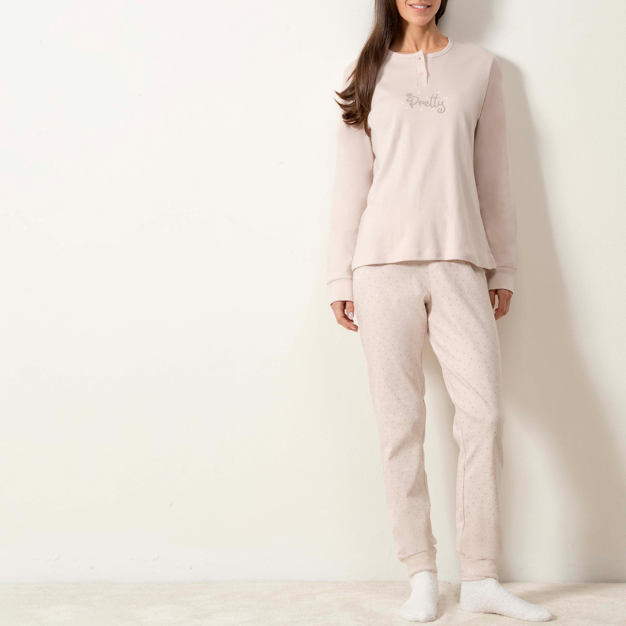 Pigiama Serafino Manica Lunga+pant.lungo Donna Cotonella Naturale DDG72_NAT01
