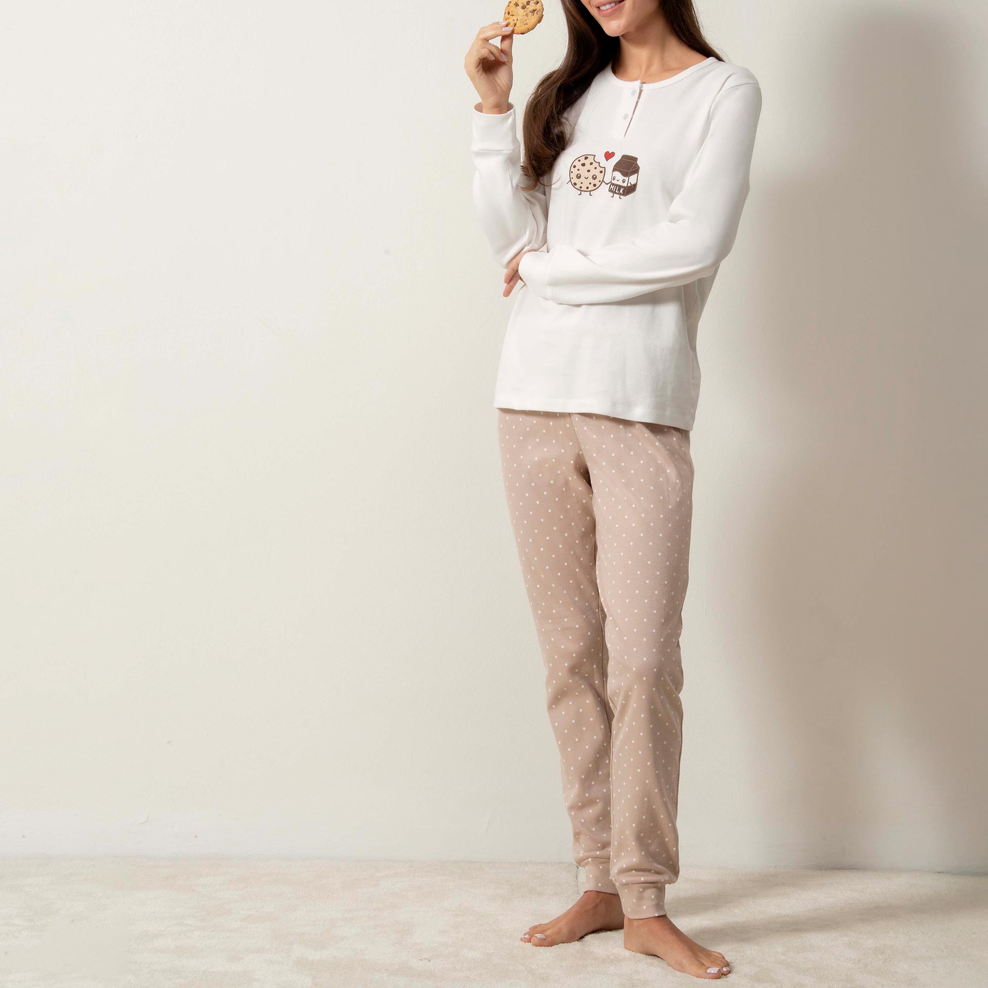 Pigiama Serafino Manica Lunga+pant.lungo Donna Cotonella Panna DDG76_00039