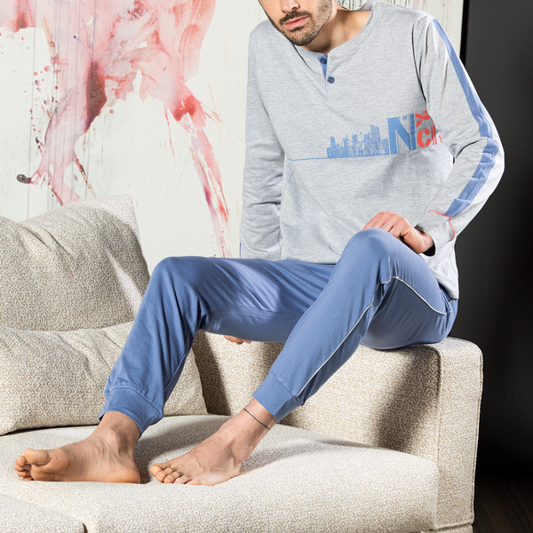 Pigiama Serafino M/l +pant.lungo Uomo Cotonella Avio DU522_00089