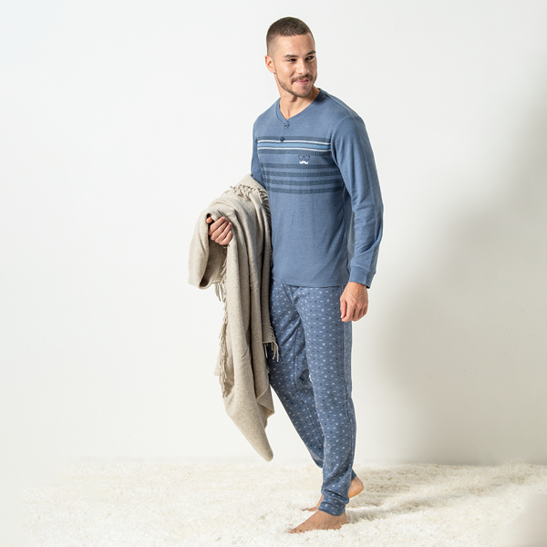 Pigiama Serafino Manica Lunga+pant.lungo Uomo Cotonella Blu Jeans Melan DU628_K0014