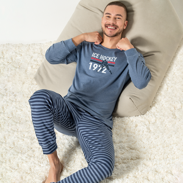 Pigiama Girocollo Manica Lunga+pan.lungo Uomo Cotonella Blu Jeans Melan DU635_K0014