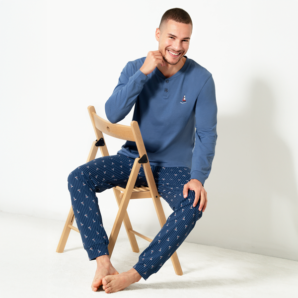 Pigiama Serafino Manica Lunga+pant.lungo Uomo Cotonella Blu DU648_00014
