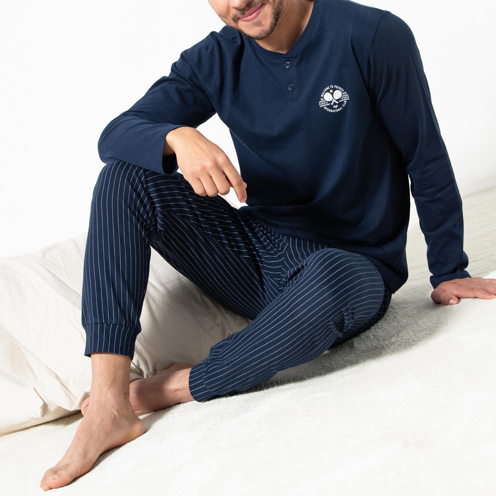 Pigiama Serafino Manica Lunga+pant.lungo Uomo Cotonella Blu DU655_0C014