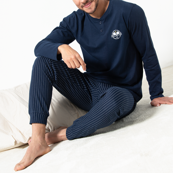 Pigiama Serafino Manica Lunga+pant.lungo Uomo Cotonella Blu DU655_0C014