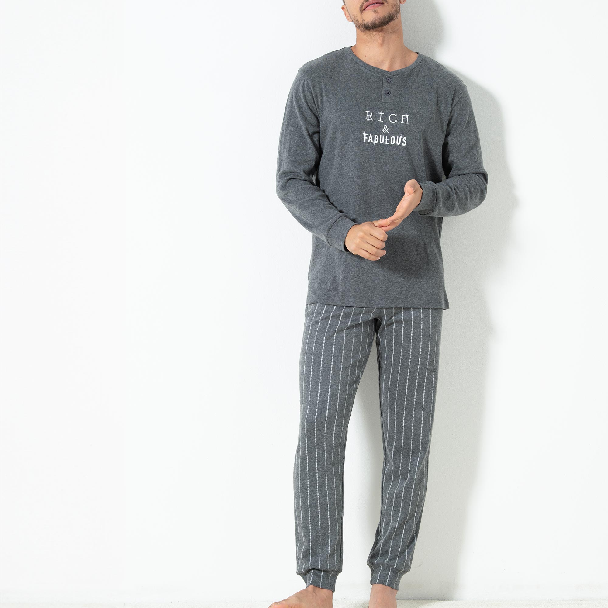 Pigiama Serafino Manica Lunga+pant.lungo Uomo Cotonella Grigio Scuro Me DU659_LI013