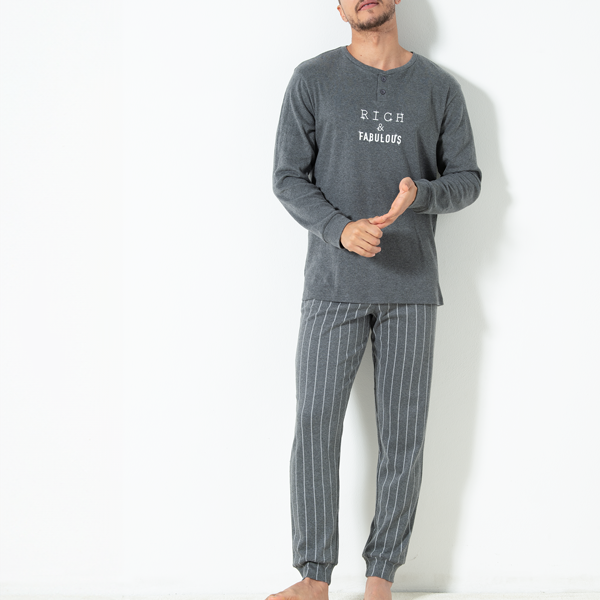 Pigiama Serafino Manica Lunga+pant.lungo Uomo Cotonella Grigio Scuro Me DU659_LI013