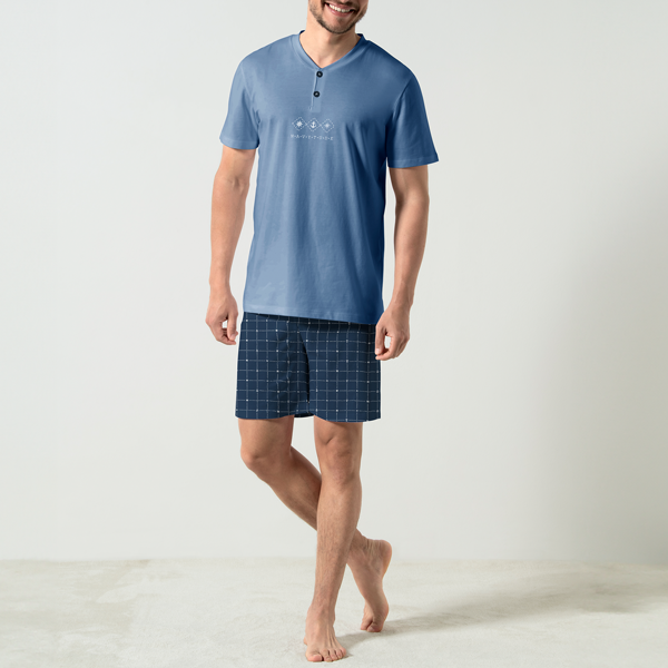 Pigiama Serafino Manica Corta+shorts Uomo Cotonella Blu Denim DU662_BLD14