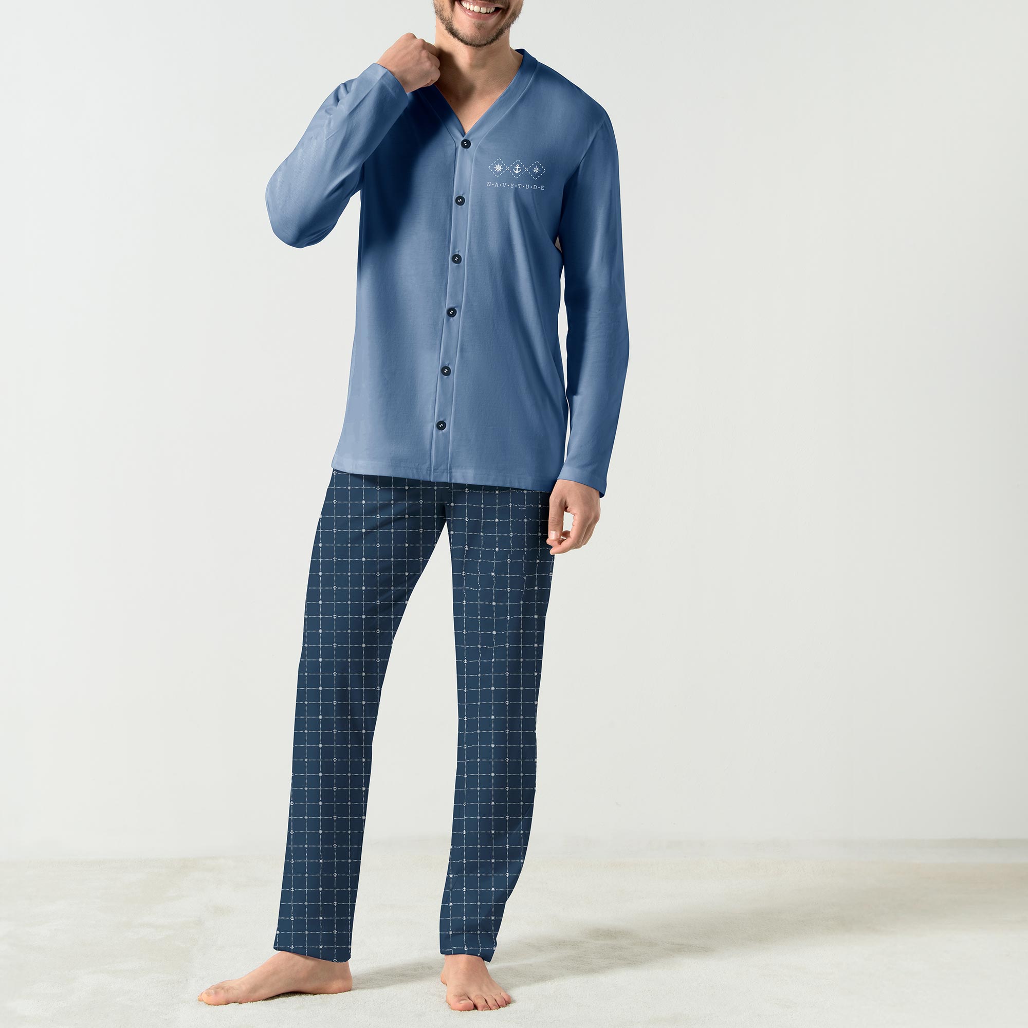 Pigiama Aperto Manica Lunga+pant.lungo Uomo Cotonella Blu Denim DU664_BLD14