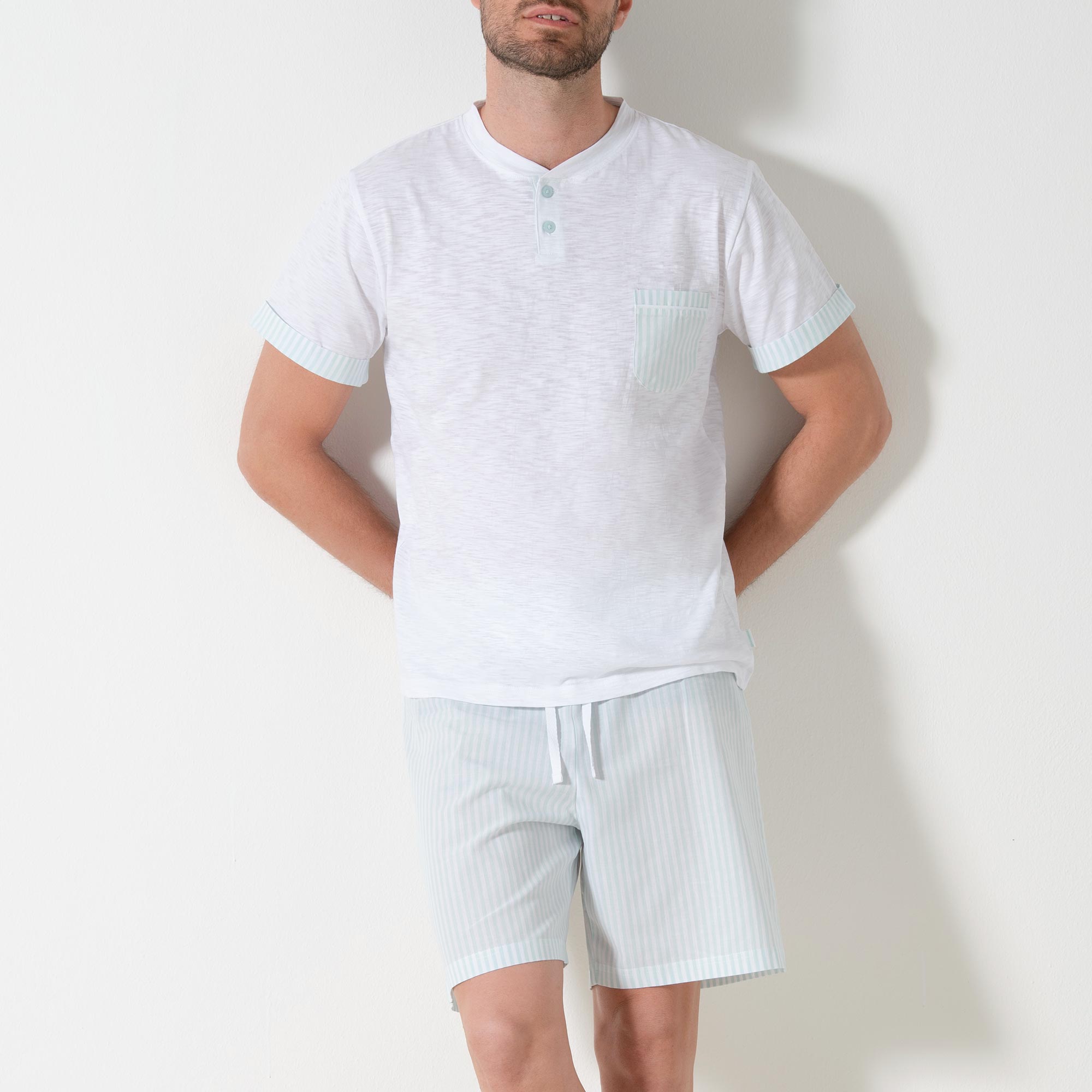 Pigiama Serafino Manica Corta+shorts Uomo Cotonella Bianco DU677_00001