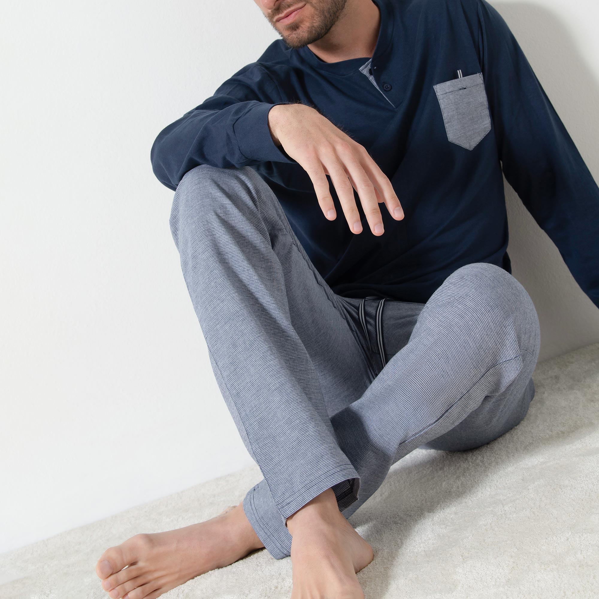 Pigiama Serafino Manica Lunga+pant.lungo Uomo Cotonella Blu DU681_0C014