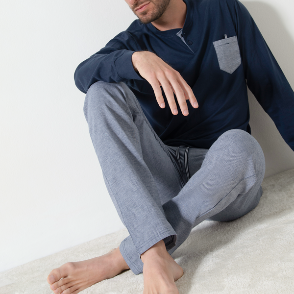 Pigiama Serafino Manica Lunga+pant.lungo Uomo Cotonella Blu DU681_0C014