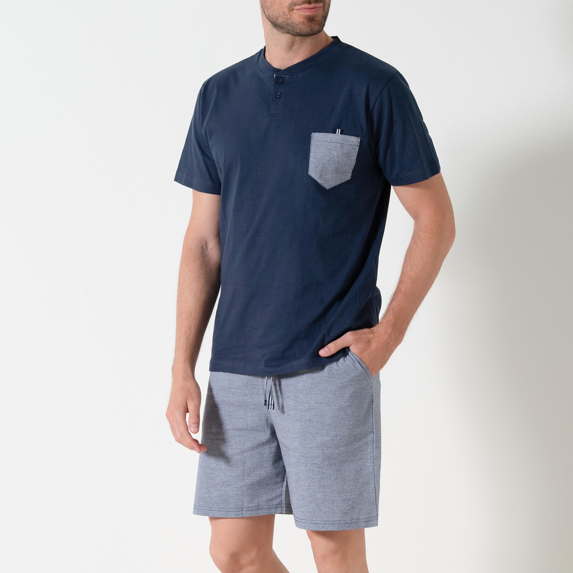 Pigiama Serafino Manica Corta+shorts Uomo Cotonella Blu DU682_0C014