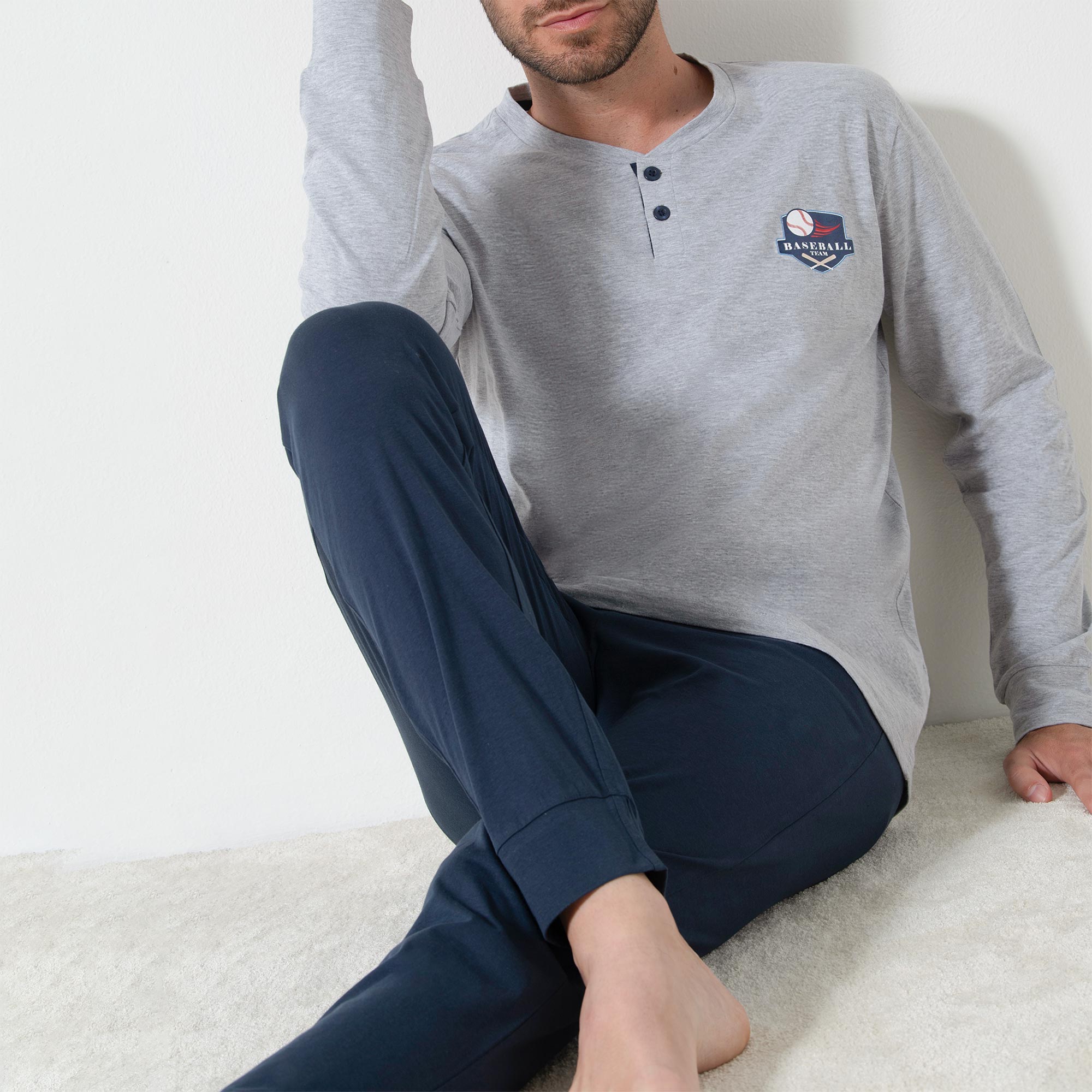 Pigiama Serafino Manica Lunga+pant.lungo Uomo Cotonella Grigio Melange DU690_00113
