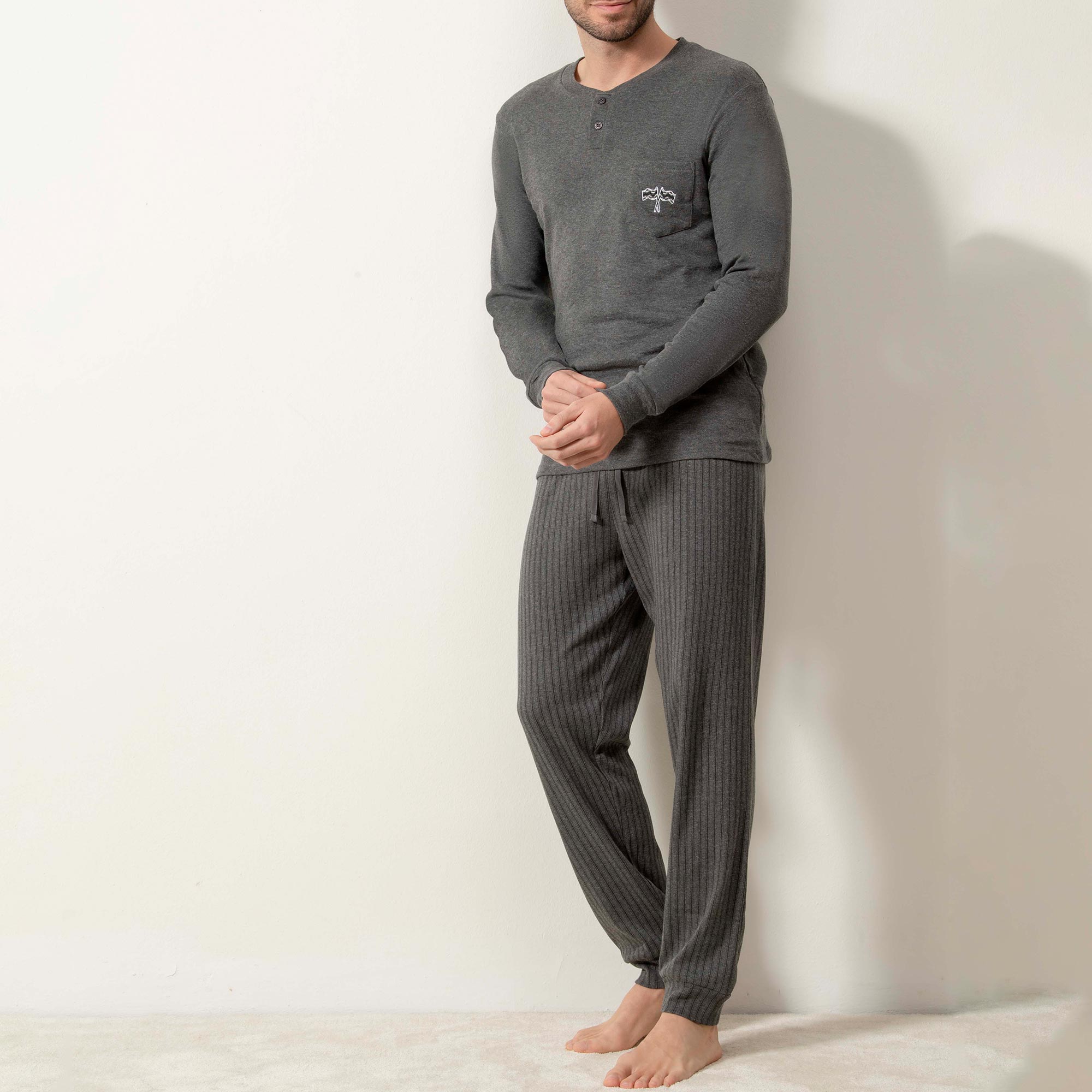 Pigiama Serafino Manica Lunga+pant.lungo Uomo Cotonella Antracite Melan DU696_132ME