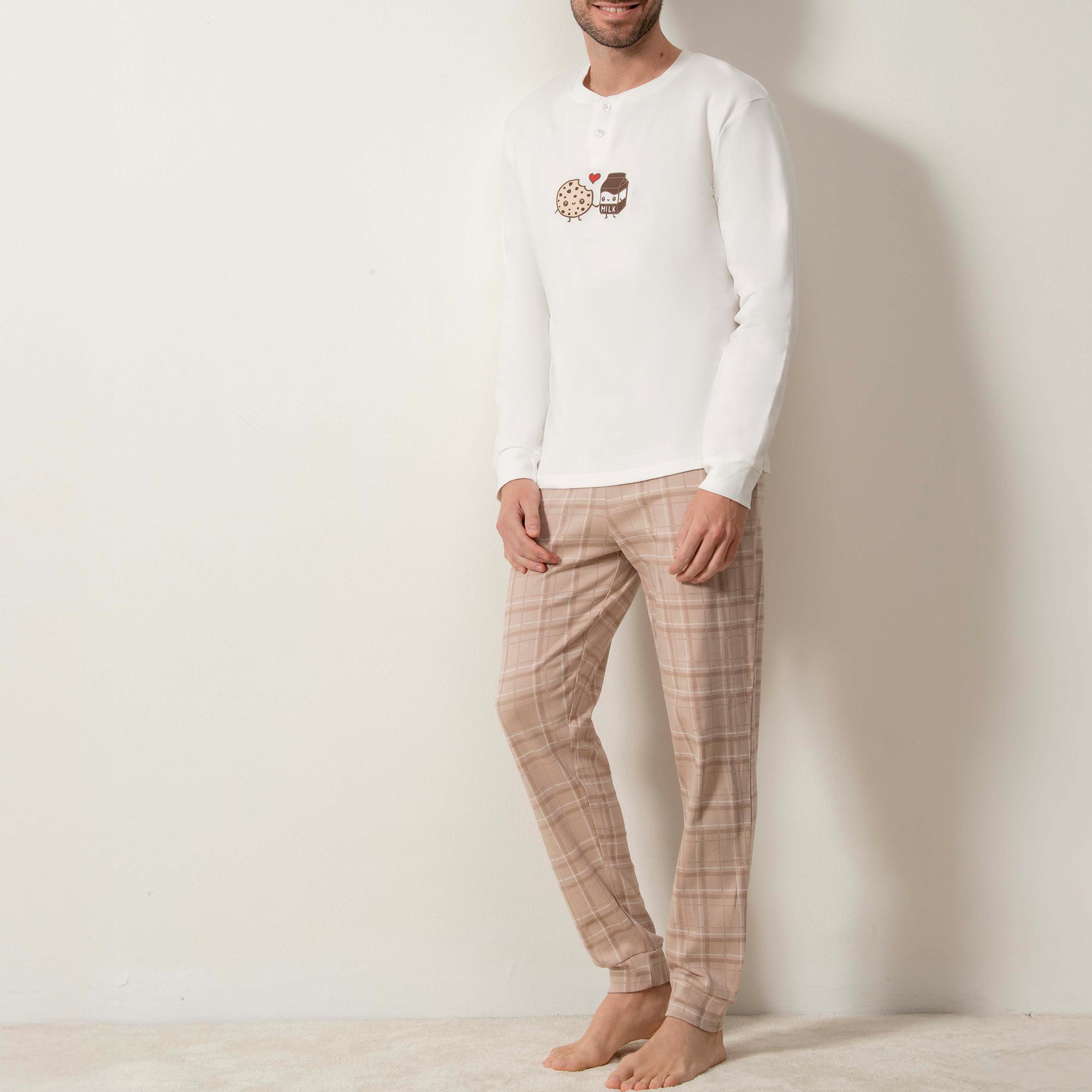 Pigiama Serafino Manica Lunga+pant.lungo Uomo Cotonella Panna DU697_00039